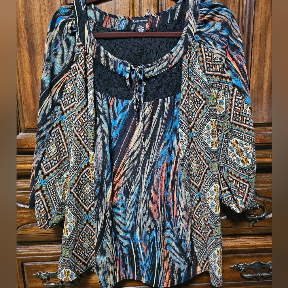 Womens 2X New Directions Peasant Top Brown Tribal Aztec Feather Print Lace